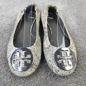 Tory Burch Logo Ballet Flats Womens Size 6.5 Shoes Beige Leather Snake Embossed